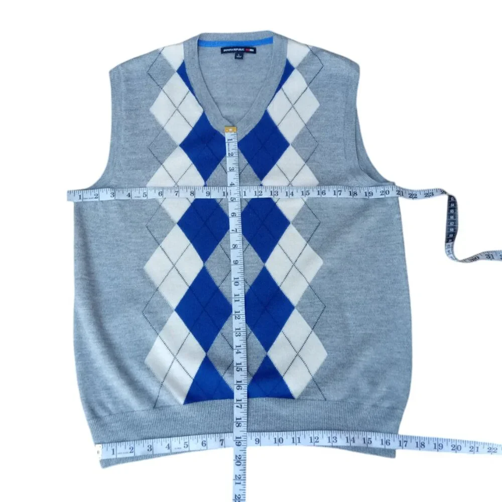 Banana Republic Madmen Argyle gray merino wool sweater vest sz L - Picture 9 of 9
